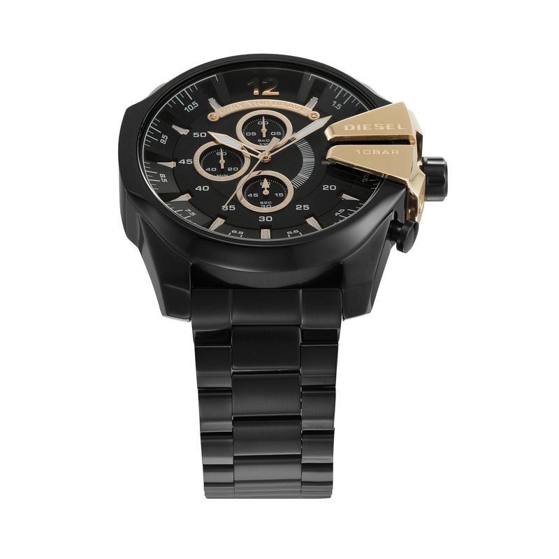 Black chronograph wristwatch with a metal bracelet and gold accents on the dial.