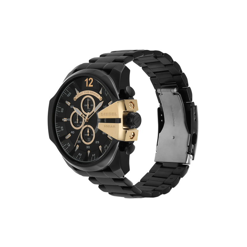 Black and gold men’s chronograph wristwatch with a metal link bracelet.