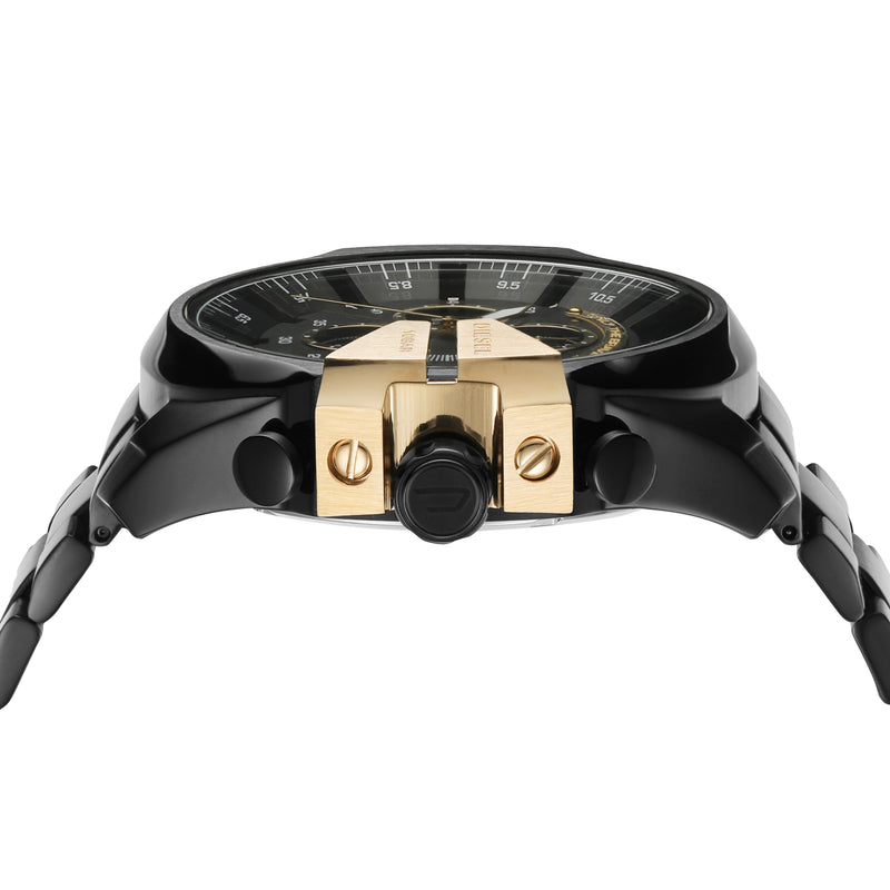 Luxury wristwatch with a black face and gold accents on the side buttons.