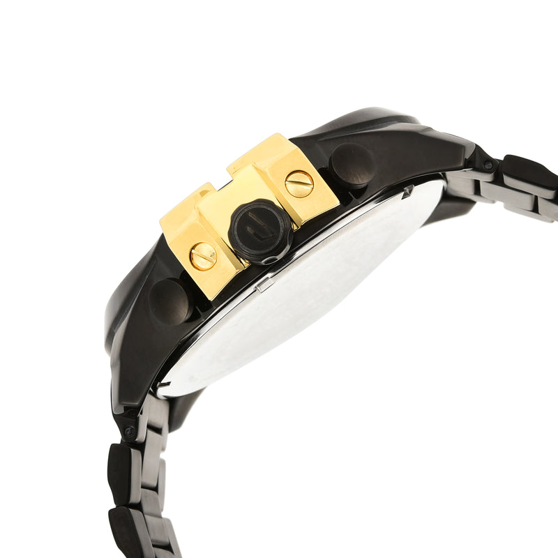 Wristwatch with a black band and gold-colored accents on the face.