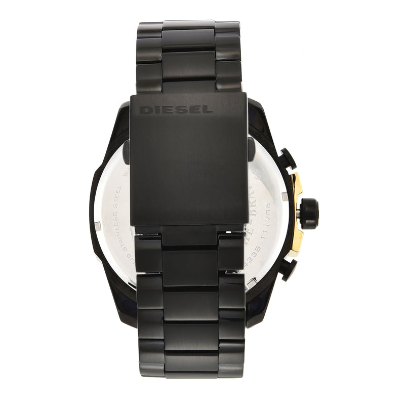 Black metal wristwatch with a chunky design and chronograph features.