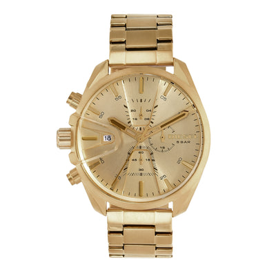 Gold-toned chronograph wristwatch with a metal bracelet.