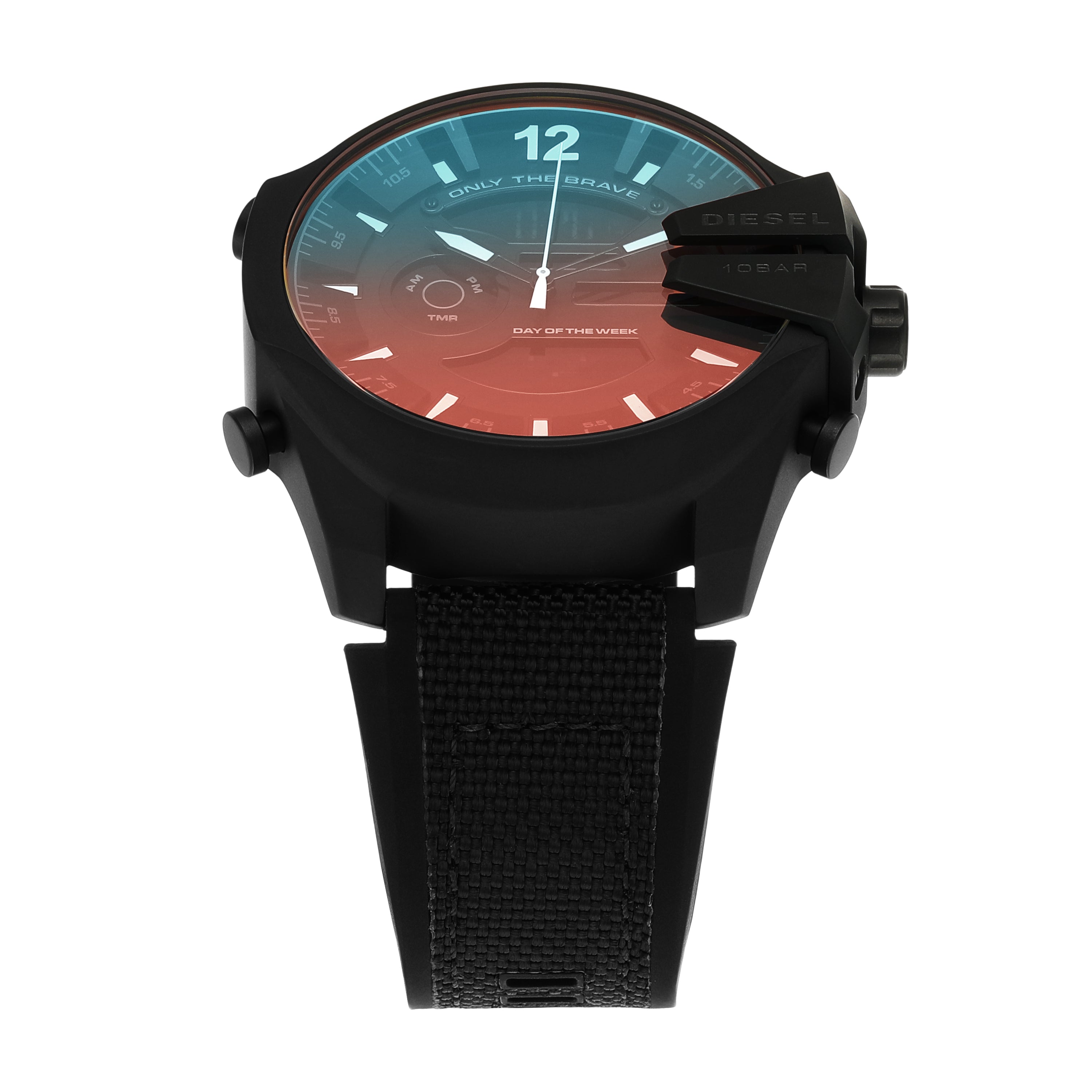 Wristwatch with a black case and strap featuring a gradient blue-to-red dial face.