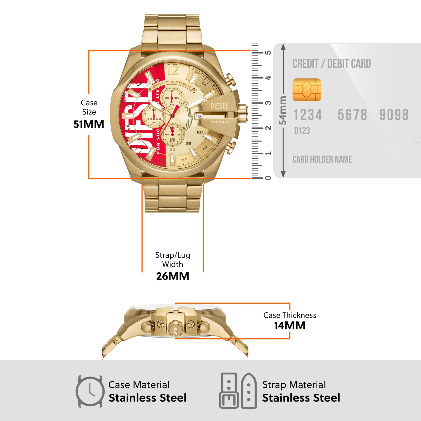 Gold Tone Diesel Mega Chief Chronograph Stainless Steel Watch DZ4642 Watch Direct