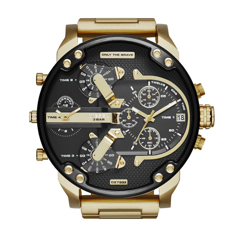 Gold-toned luxury wristwatch with multiple dials and a black face.