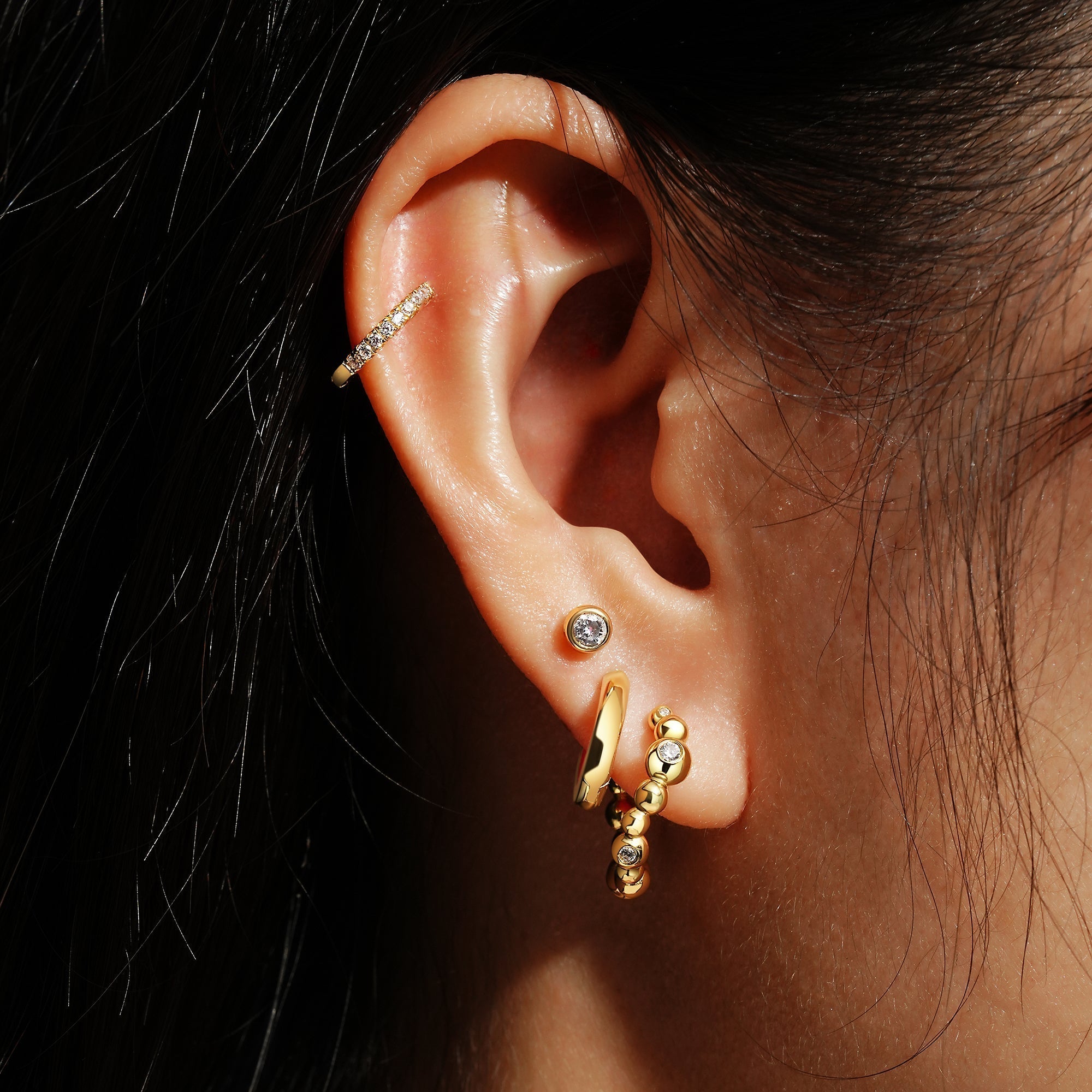 Gold Bezel Beaded Curved Huggie Hoop Earrings for Subtle Elegance