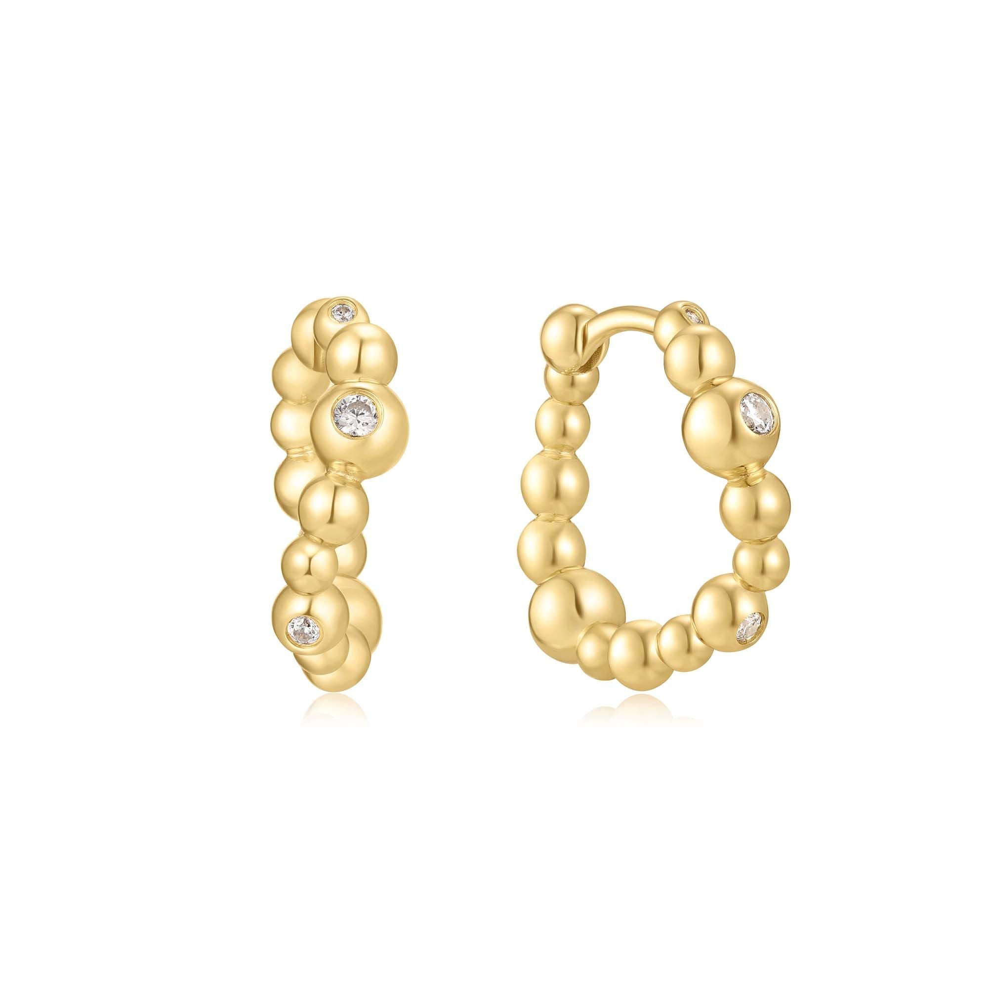 Gold Bezel Beaded Curved Huggie Hoop Earrings for Subtle Elegance