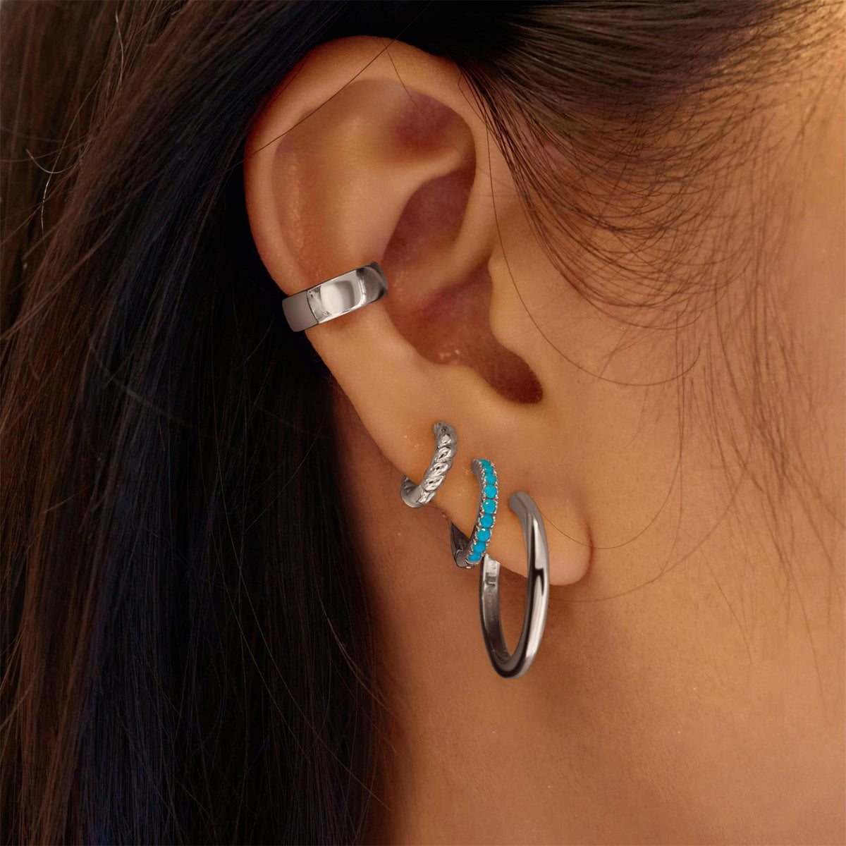 Ania Haie Silver Aqua Blue Row Huggie Hoop Earrings
