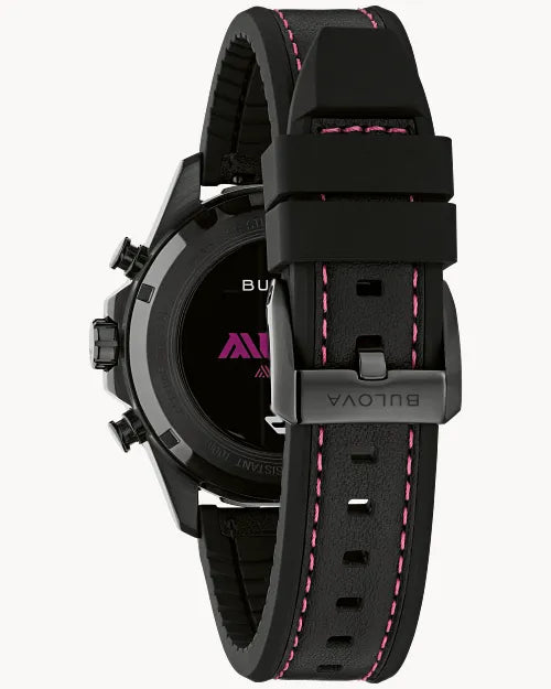 Bulova Marine Star E1 Team Miami 98B476 chronograph men's watch with magenta ombre purple dial and black rubber strap — detail view