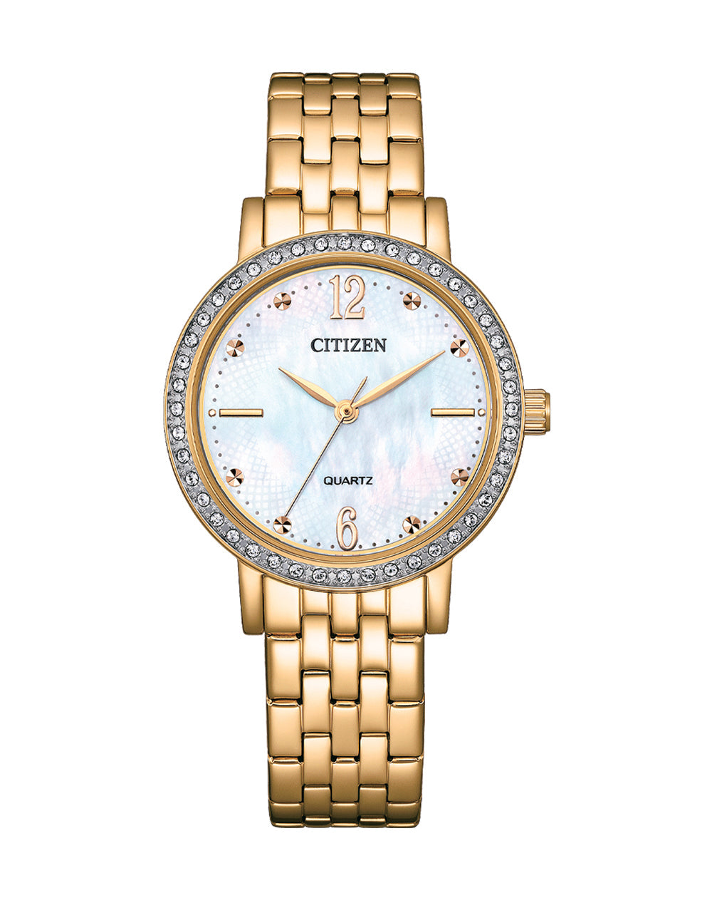 Citizen Crystals and Mother of Pearl Ladies Watch EL3103-57D in gold with crystal bezel and elegant bracelet band.