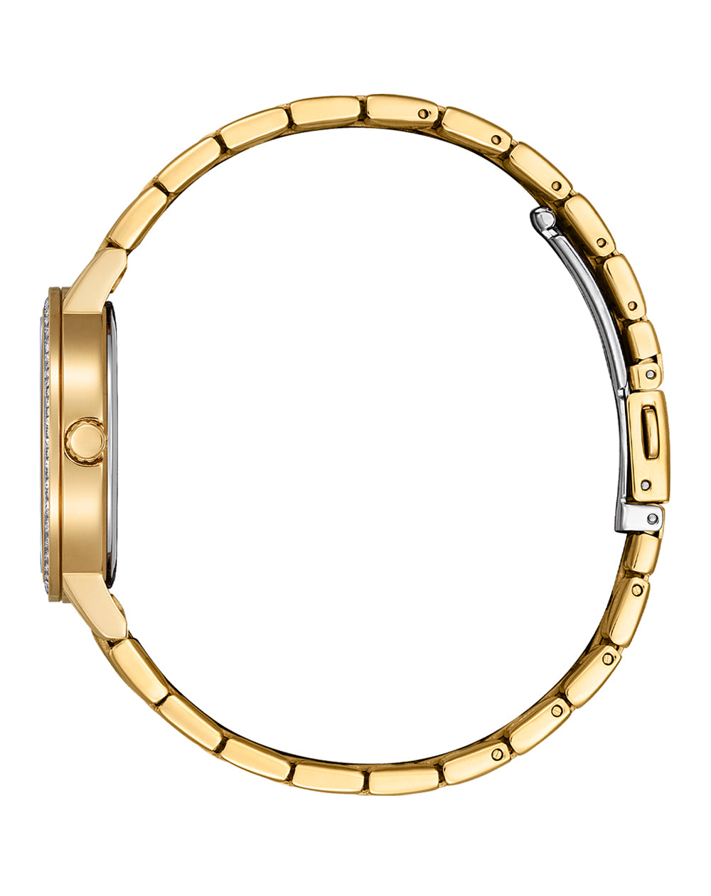 Side view of Citizen Crystals and Mother of Pearl Ladies Watch EL3103-57D with gold-tone bracelet and slim profile.