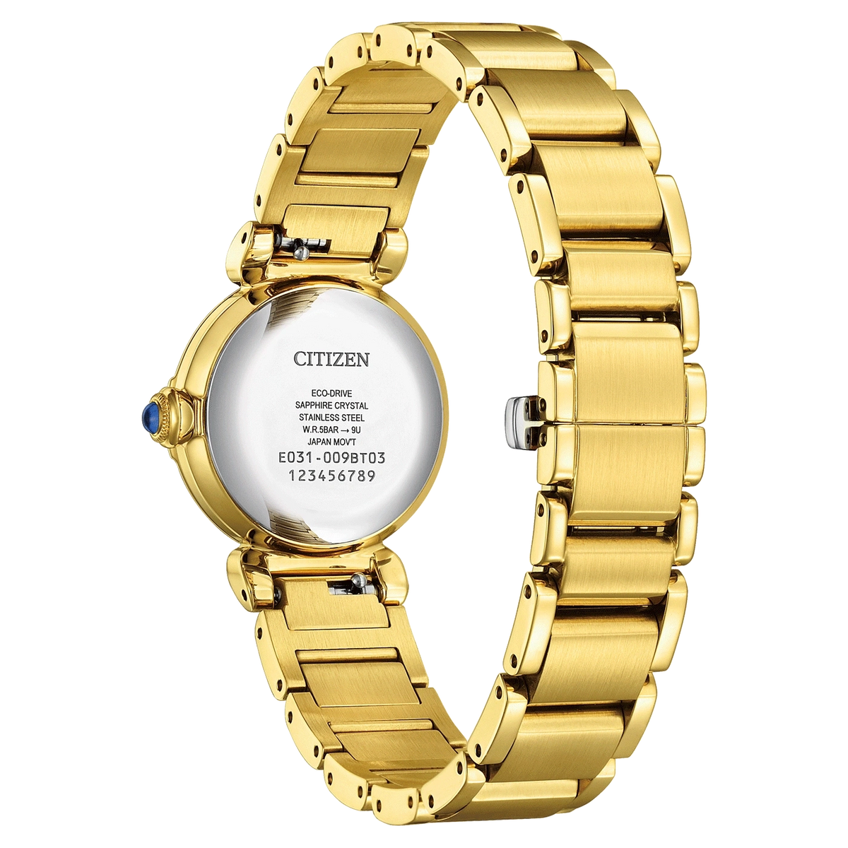 Citizen EM1132-88H gold-tone ladies watch, official case-back view showing sapphire crystal and Eco-Drive markings