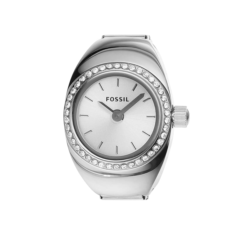 Fossil ES5321 Stainless Steel Ring Watch with Crystal Topring and White Sunray Dial
