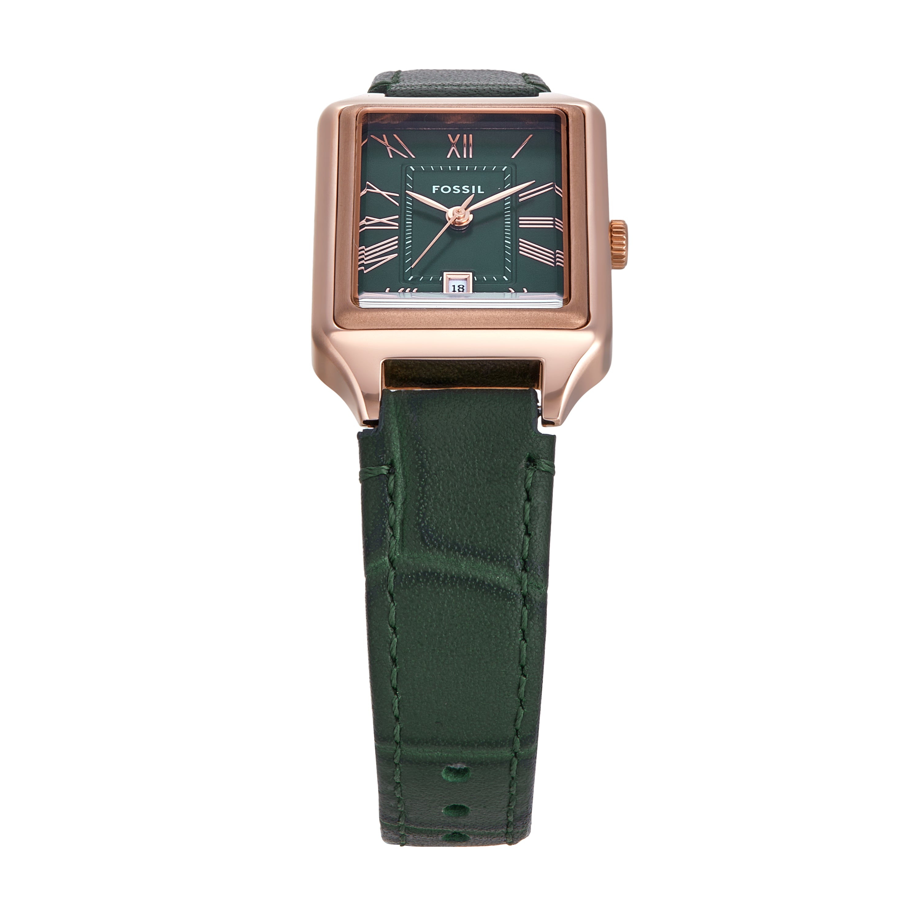 Fossil Raquel Three-Hand Rose Gold Case Green Dial and Leather Band Watch ES5366