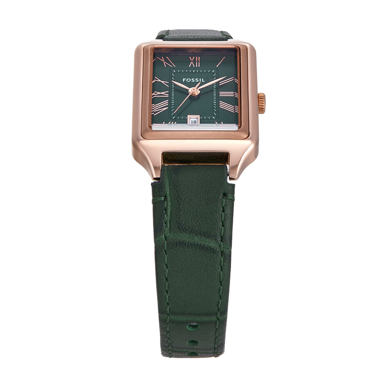 Fossil Raquel Three-Hand Rose Gold Case Green Dial and Leather Band Watch ES5366