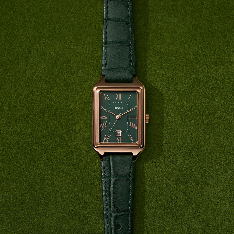 Fossil Raquel Three-Hand Rose Gold Case Green Dial and Leather Band Watch ES5366
