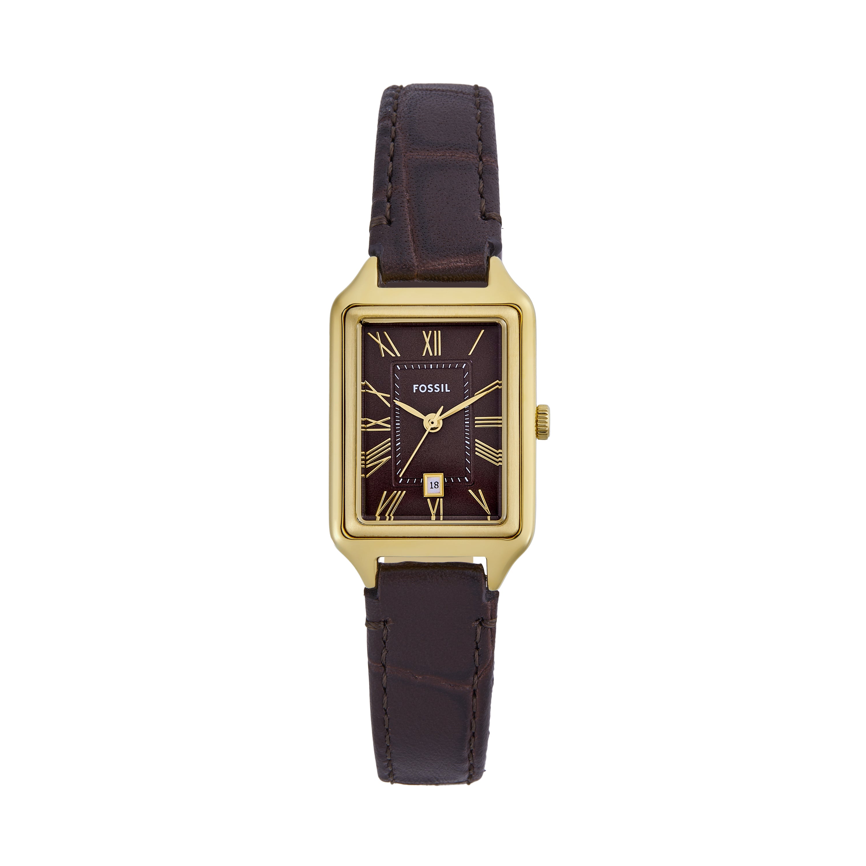 Fossil Raquel Three-Hand Gold Case Brown Dial and Leather Band Watch ES5367