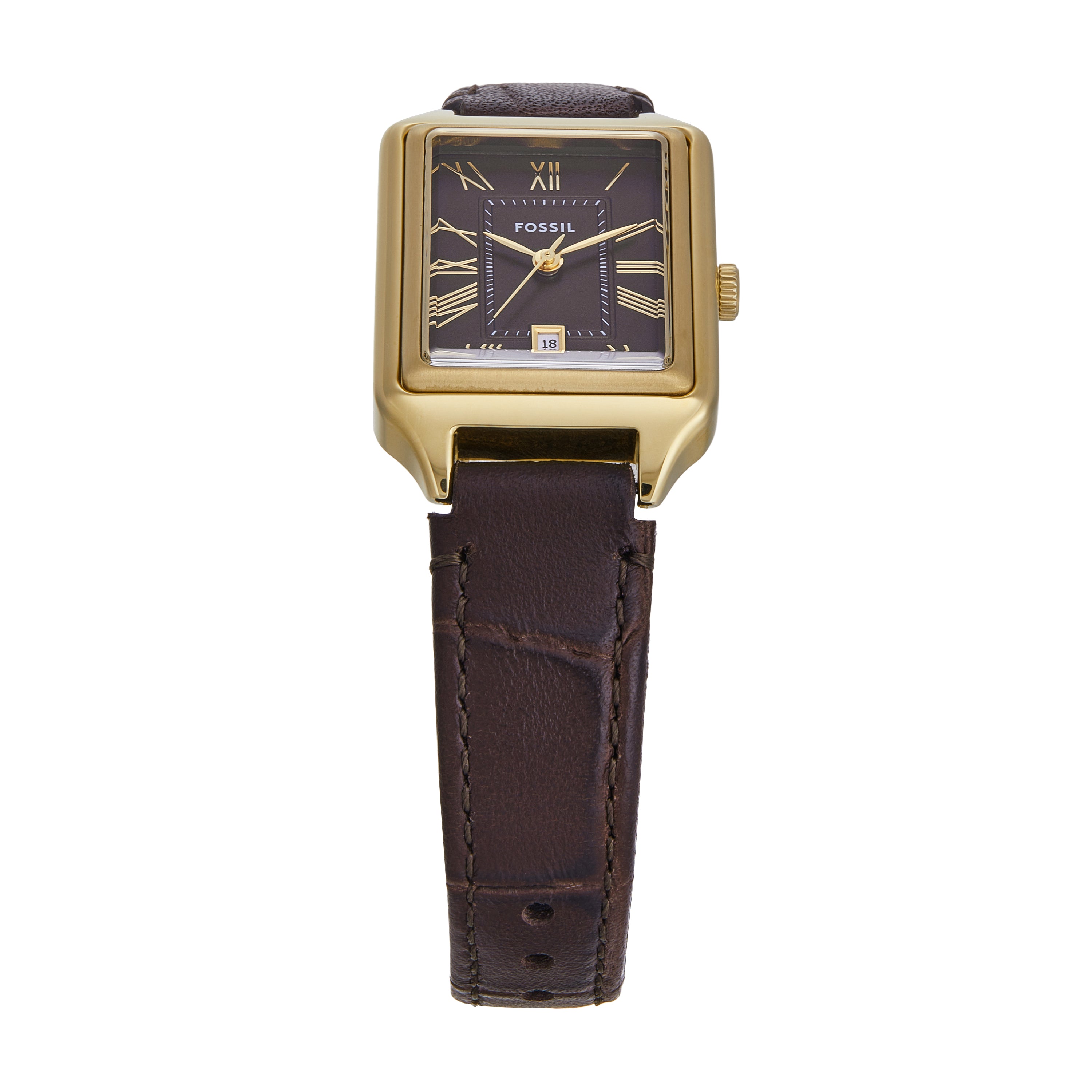 Fossil Raquel Three-Hand Gold Case Brown Dial and Leather Band Watch ES5367
