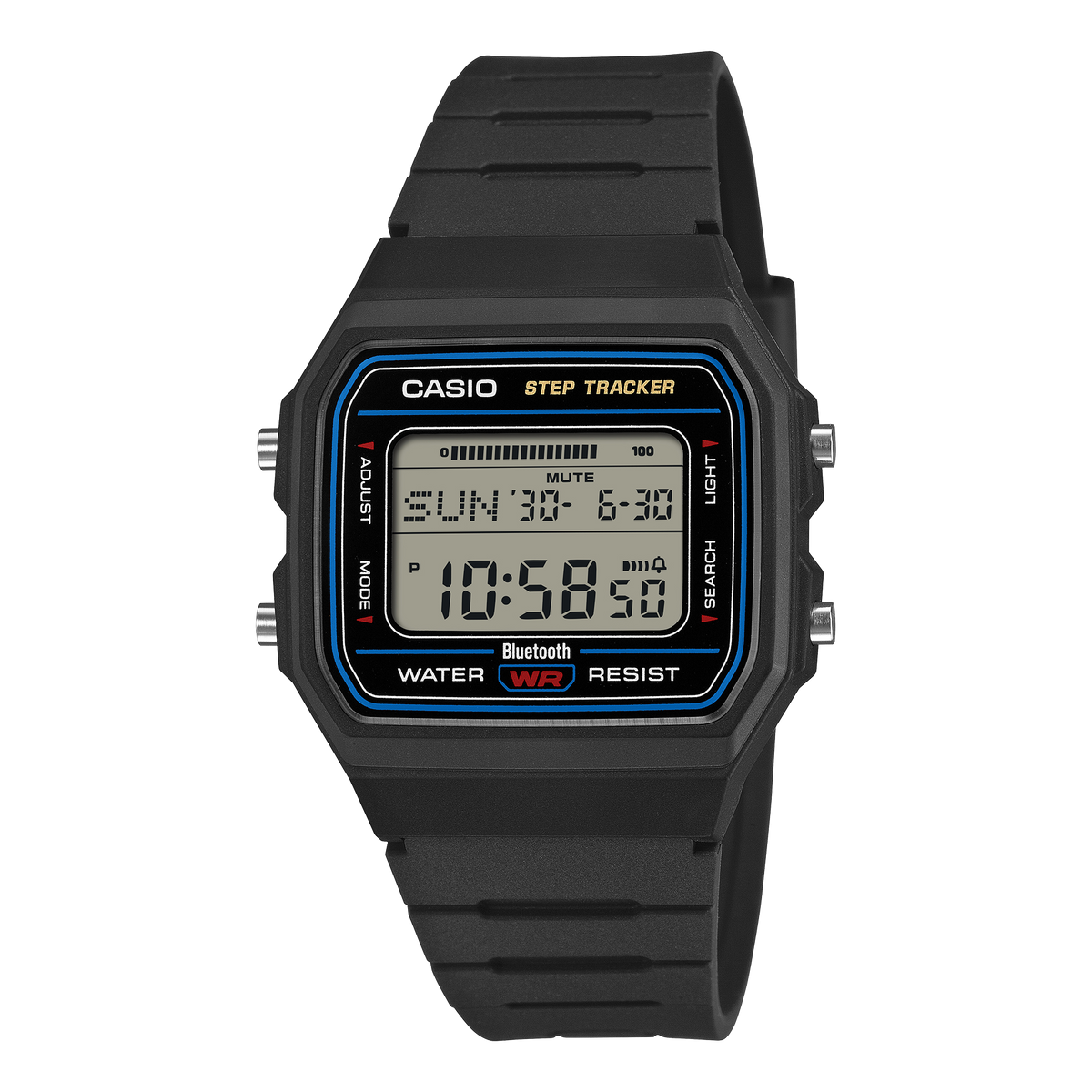 Casio FB100W-1A digital watch with black resin case, positive LCD display and black resin strap