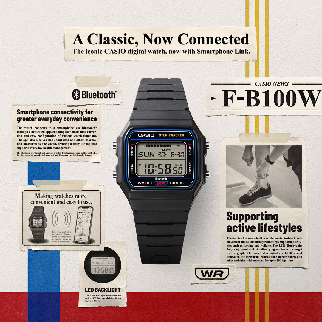 Casio Vintage Step Tracker Black Resin Watch FB100W-1A