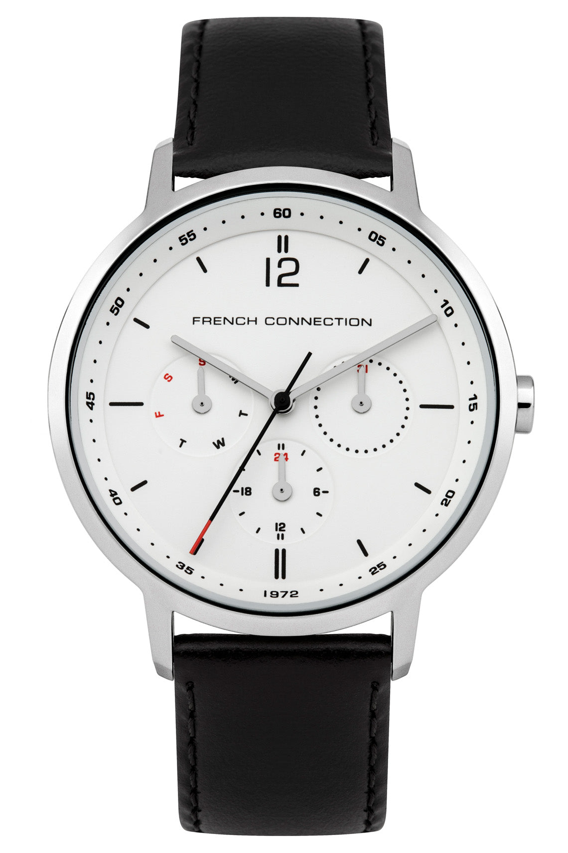 French Connection Gents 39mm White Dial Black Leather Strap Watch