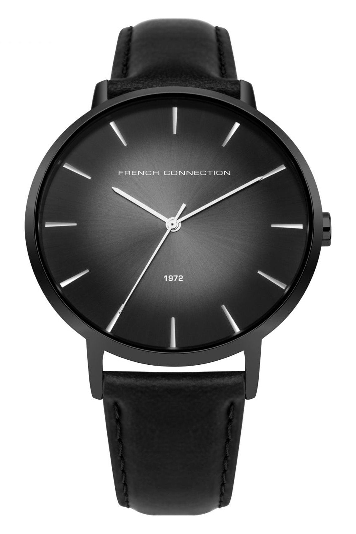 French Connection UK 43mm Silver Sunray Dial Black Leather Strap Watch