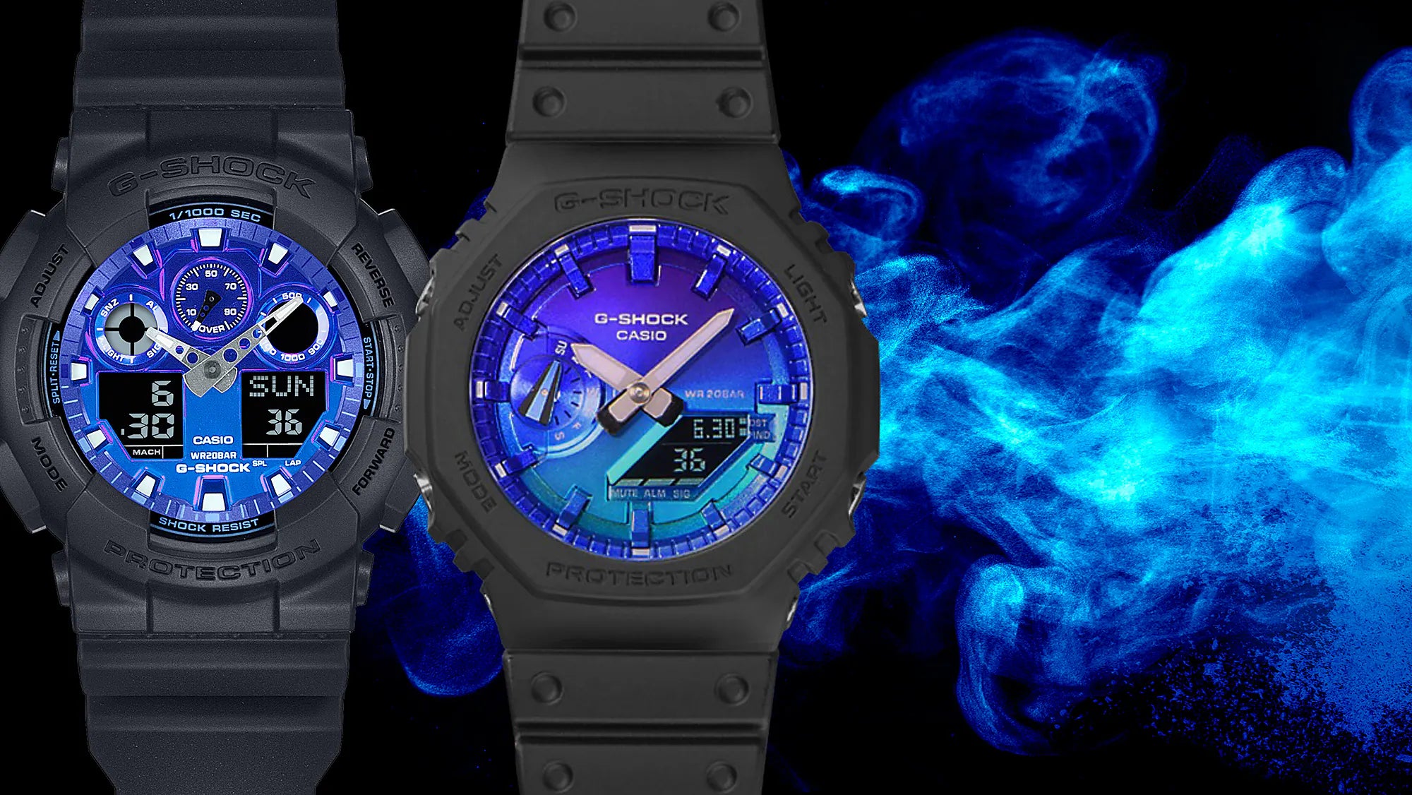G-Shock Digital Black Resin Band Blue and Purple Dial Watch GA2100FL-1A