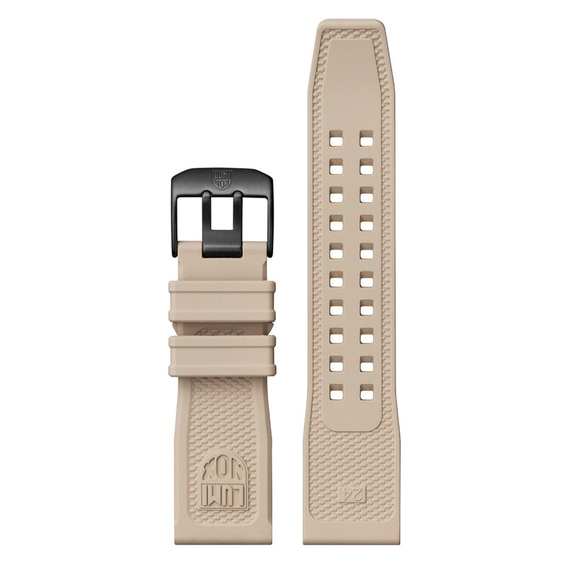 Beige textured watch strap with a black buckle.