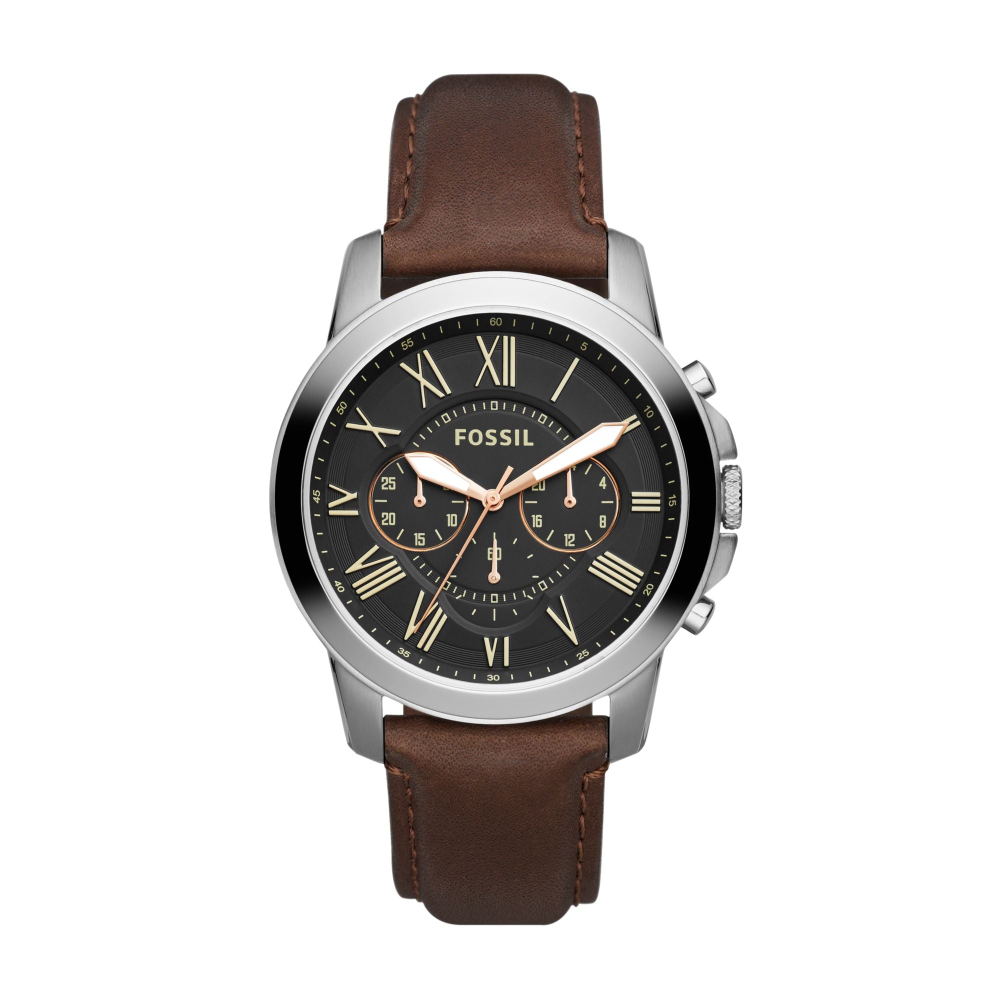 Fossil Grant FS4813 black chronograph dial with Roman numerals on a brown leather strap