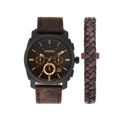 Men’s wristwatch with a brown leather strap and black face, accompanied by a braided leather bracelet.