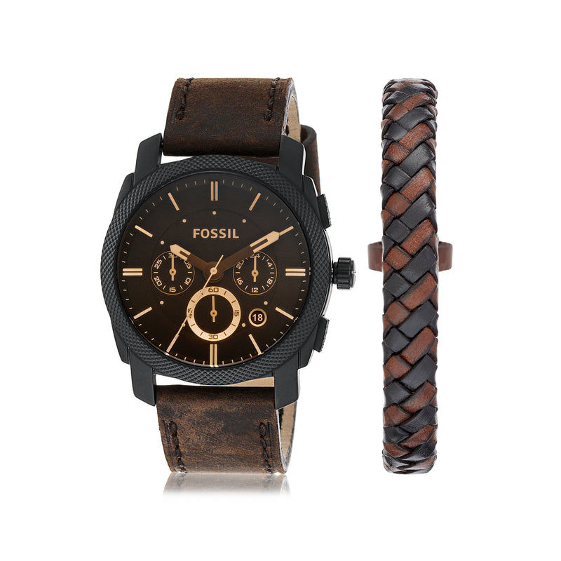 Fossil wristwatch with a brown leather strap and black dial, accompanied by a braided leather bracelet.