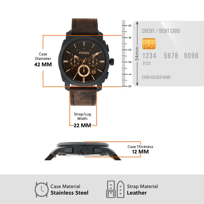 Fossil chronograph wristwatch with brown leather strap and black dial.