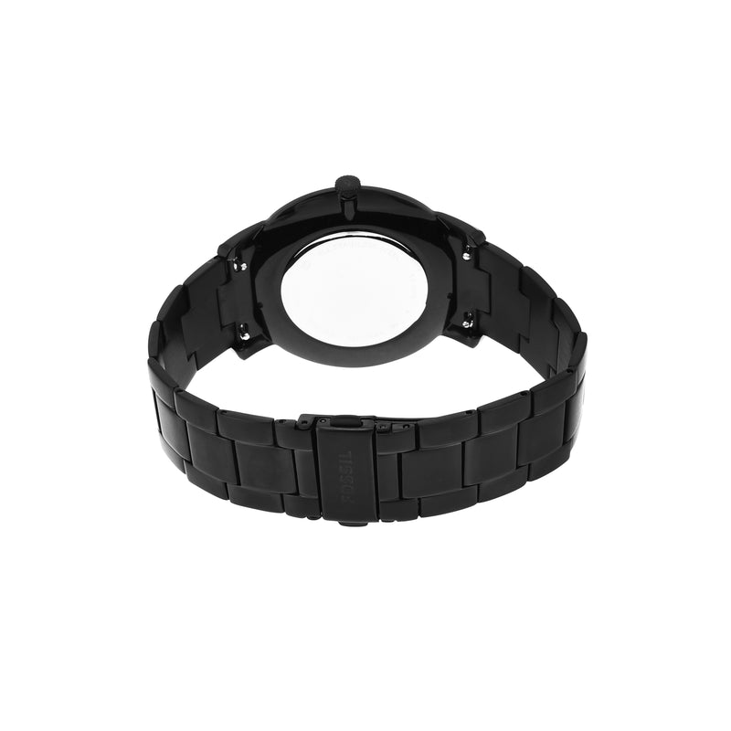 Black metal watch band with links and a circular watch face opening.