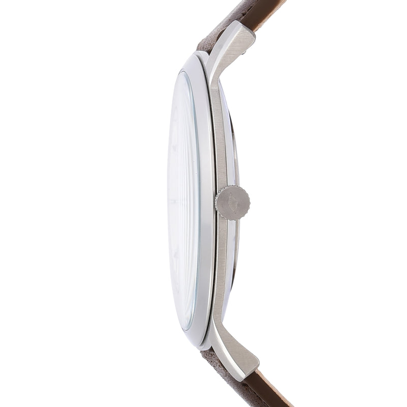 Side view of a sleek wristwatch with a brown leather strap and silver case.