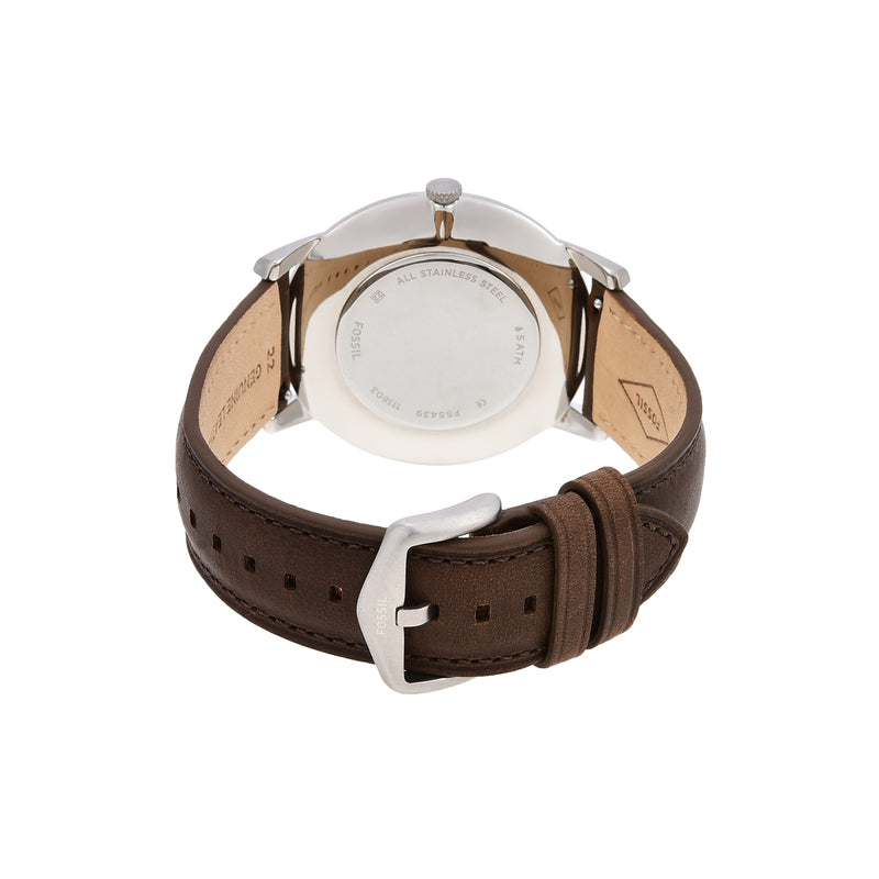 Wristwatch with a brown leather strap and silver-toned case.