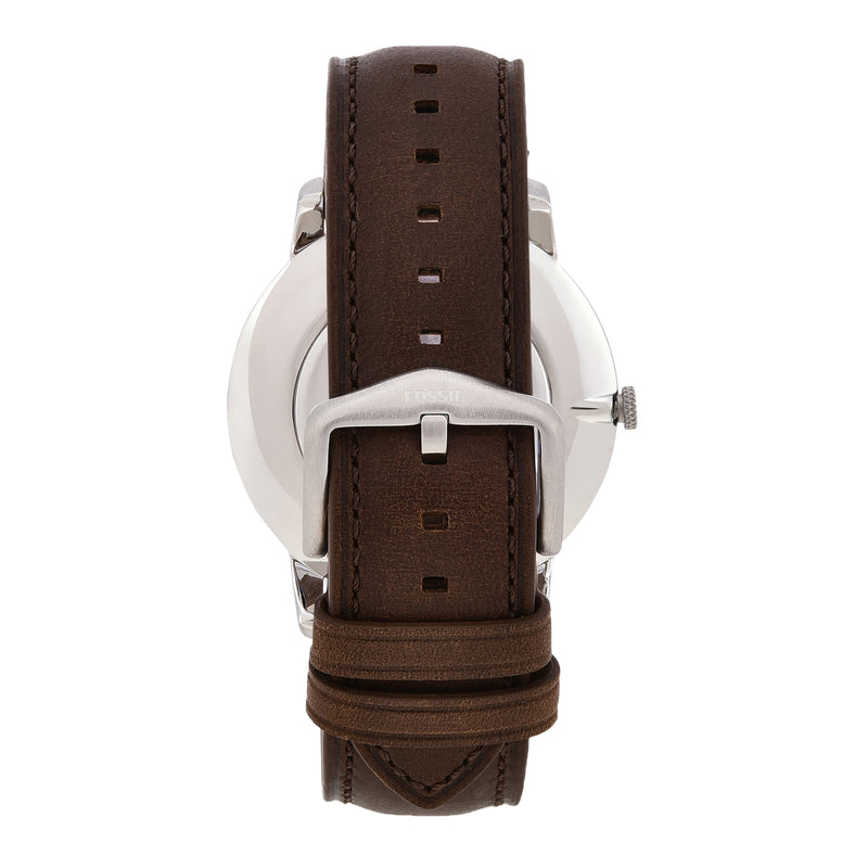 Wristwatch with a brown leather strap and silver-toned case.