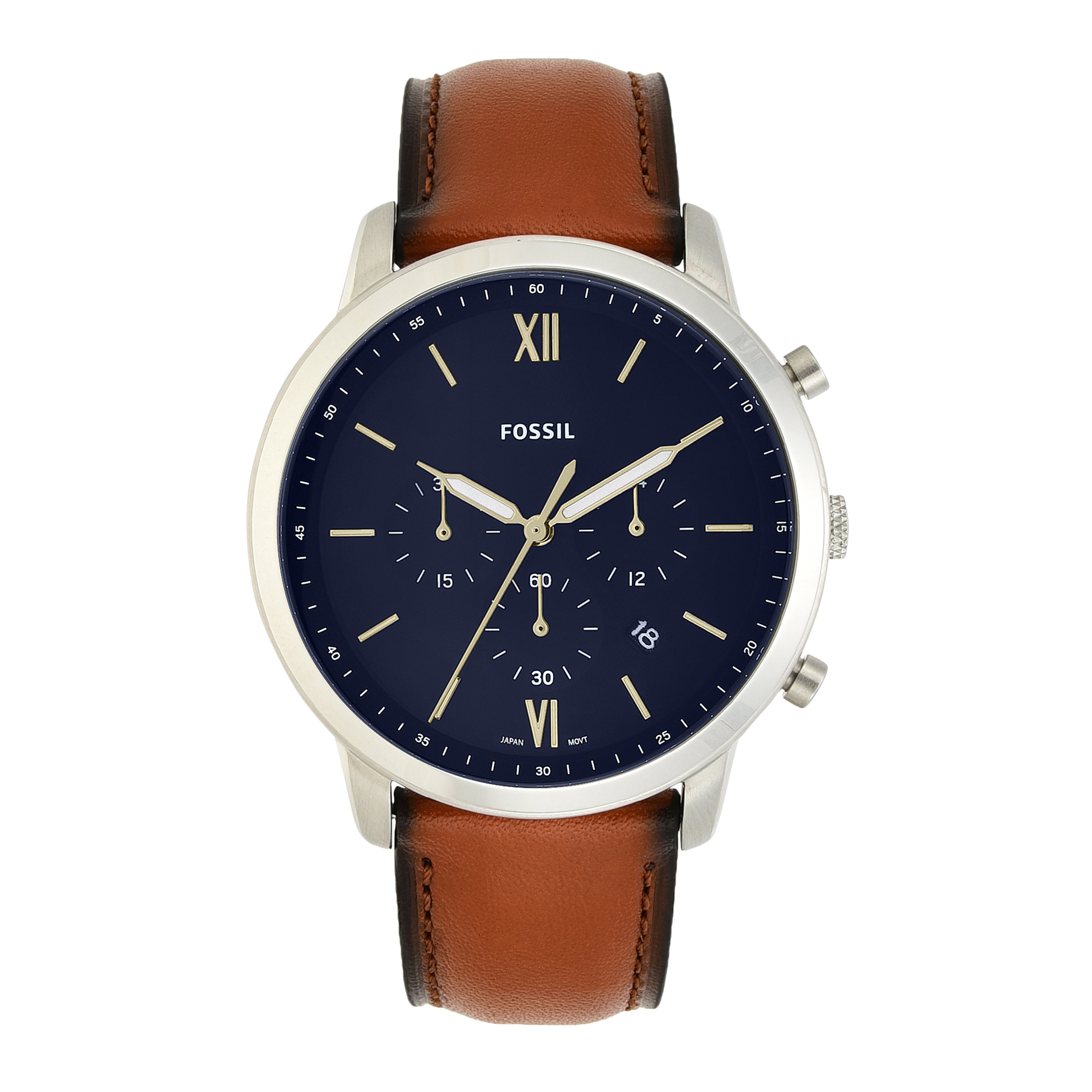 Fossil wristwatch with a blue dial face and brown leather strap.