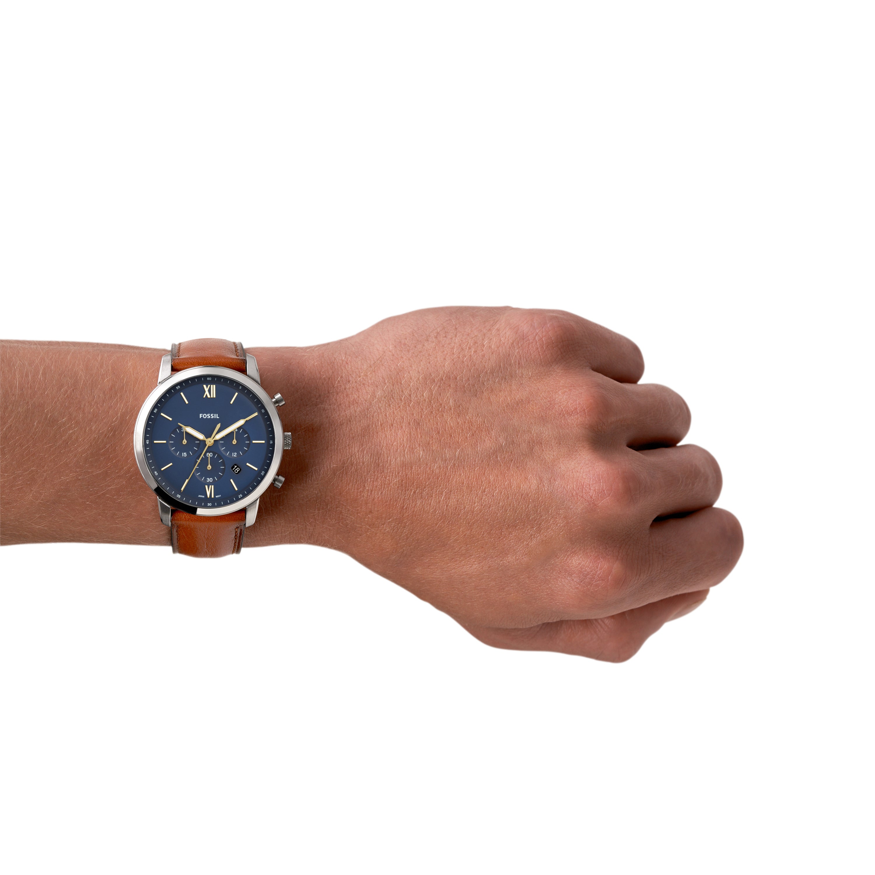 Wristwatch with a blue face and brown leather strap worn on a person’s wrist.