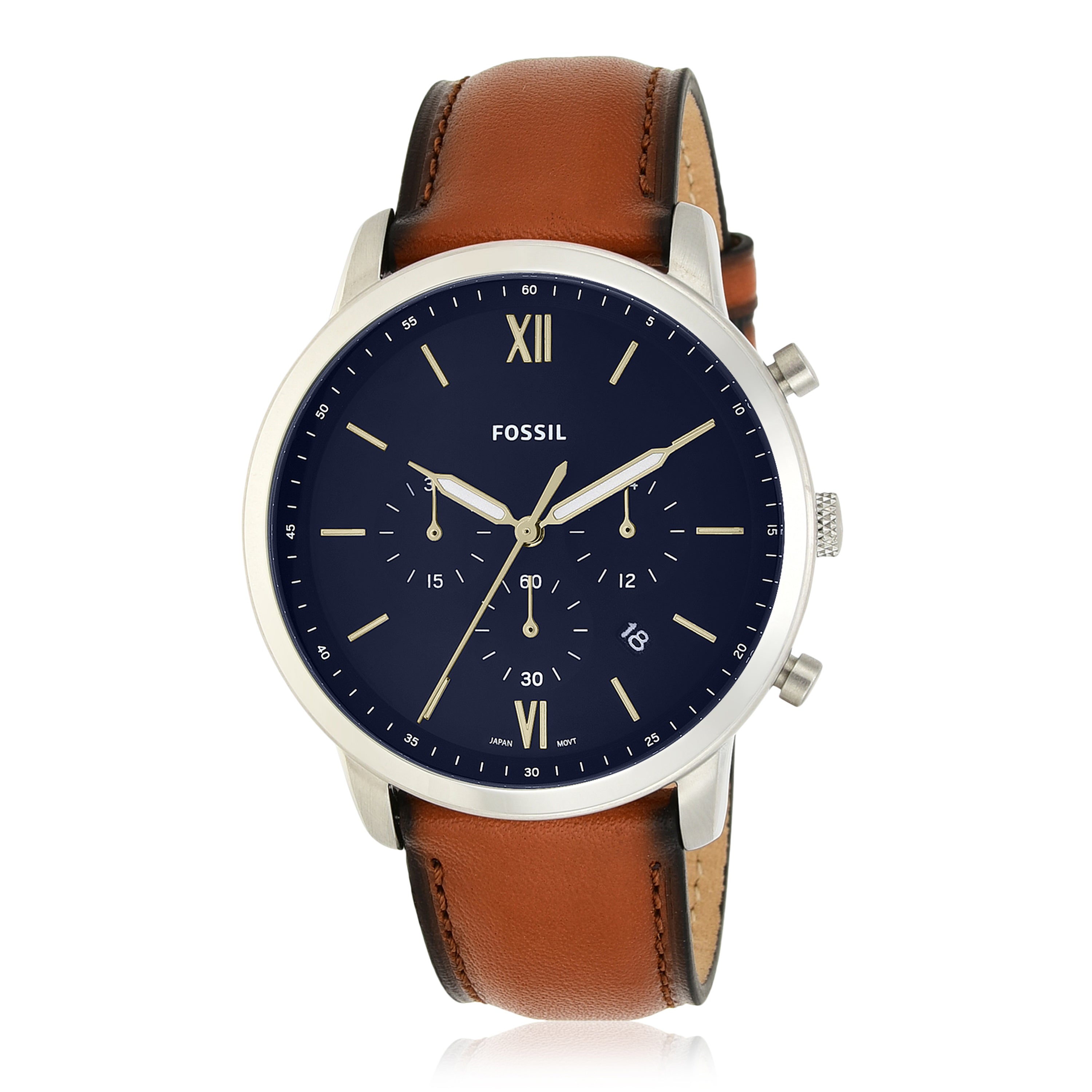 Fossil wristwatch with a blue dial and brown leather strap.