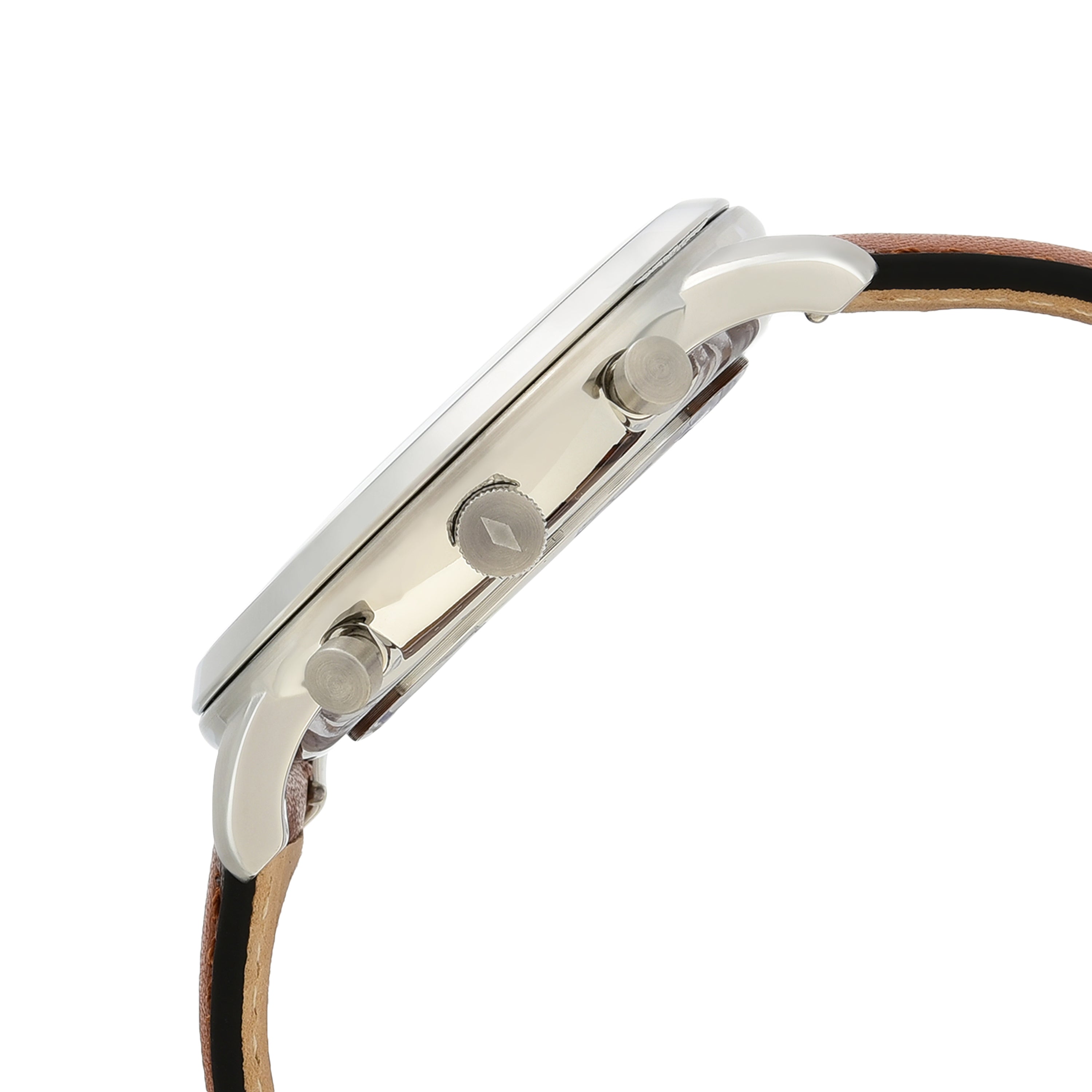 Side view of a wristwatch with a silver case and brown leather strap.