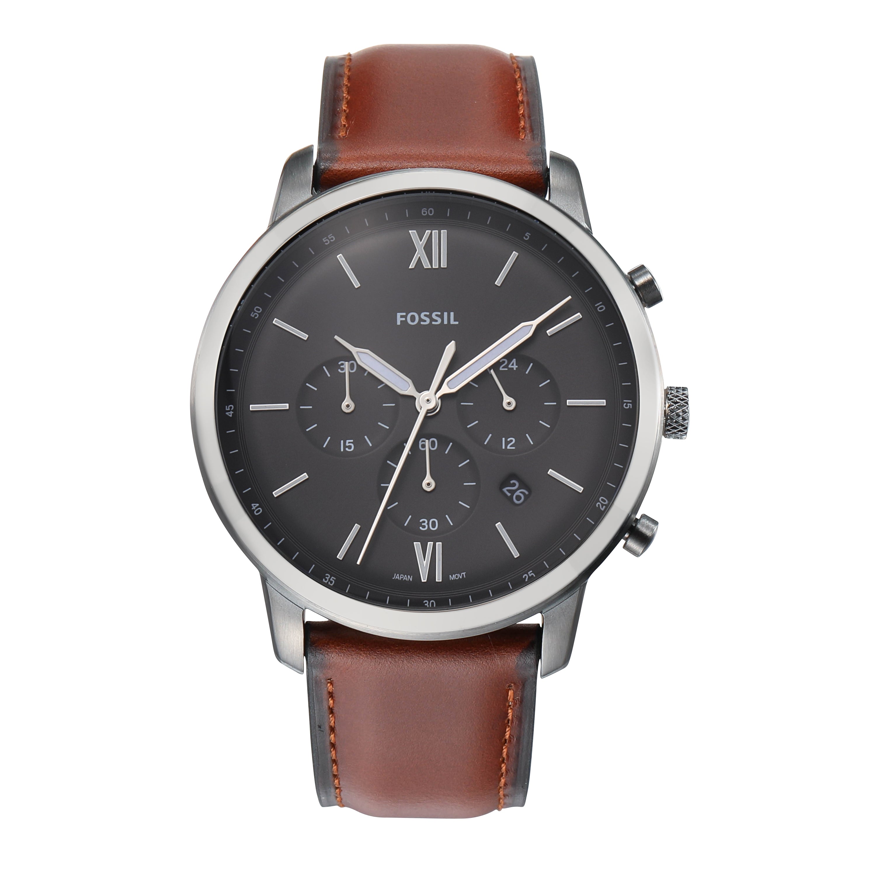 Fossil wristwatch with a brown leather strap and dark gray dial face.