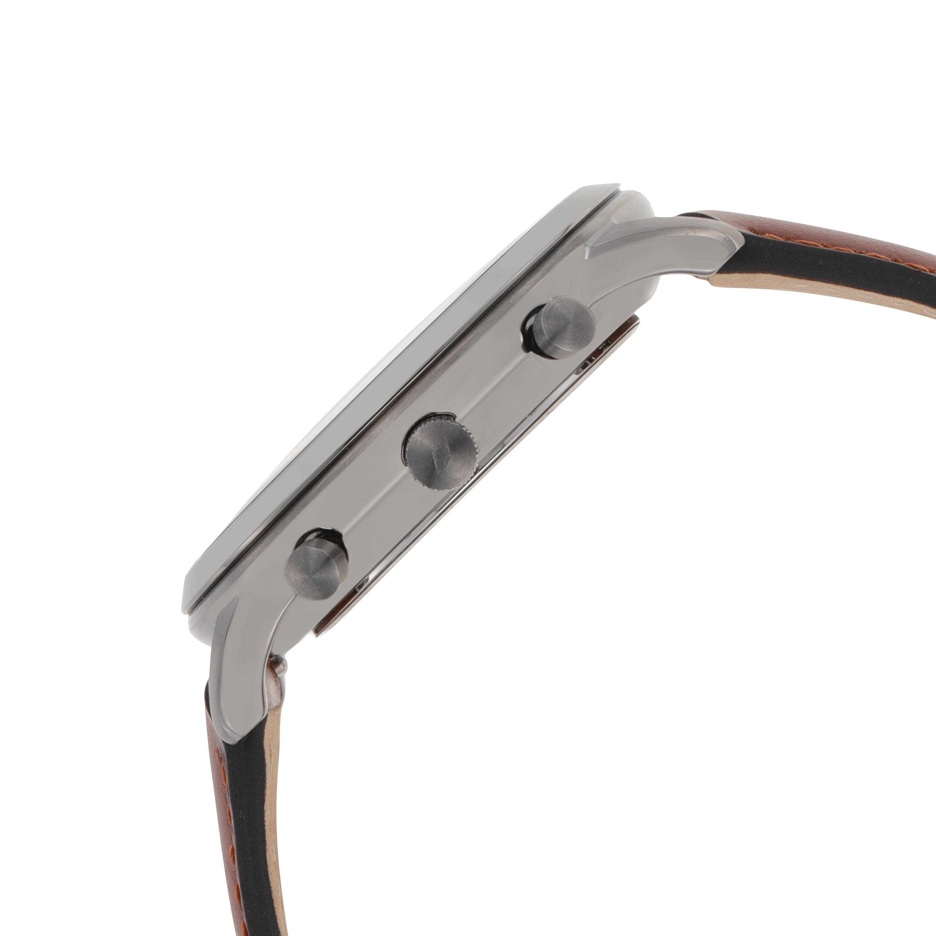 Side view of a sleek wristwatch with a metallic case and brown leather strap.