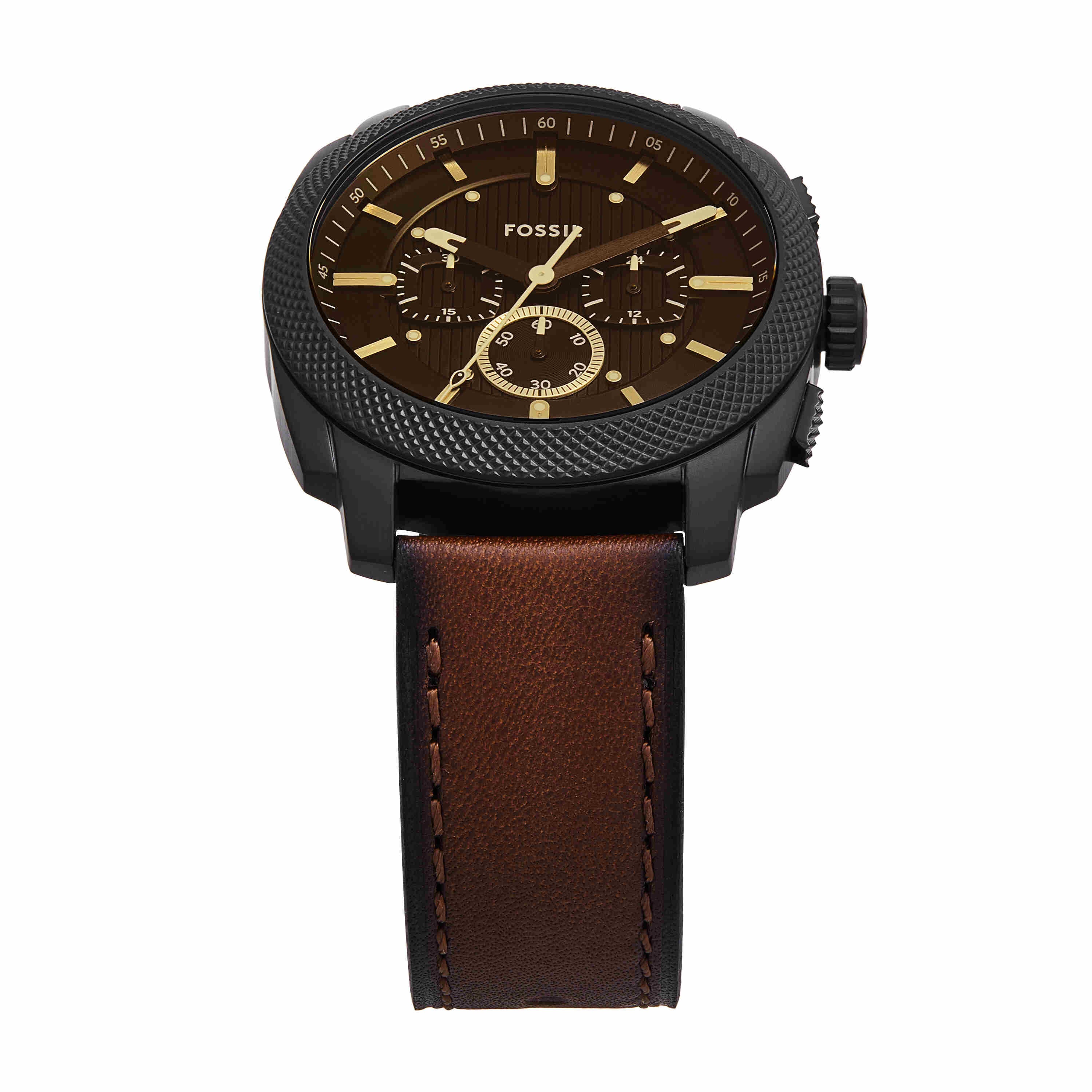 Fossil Machine Black Dial Brown Leather Strap Watch FS6101