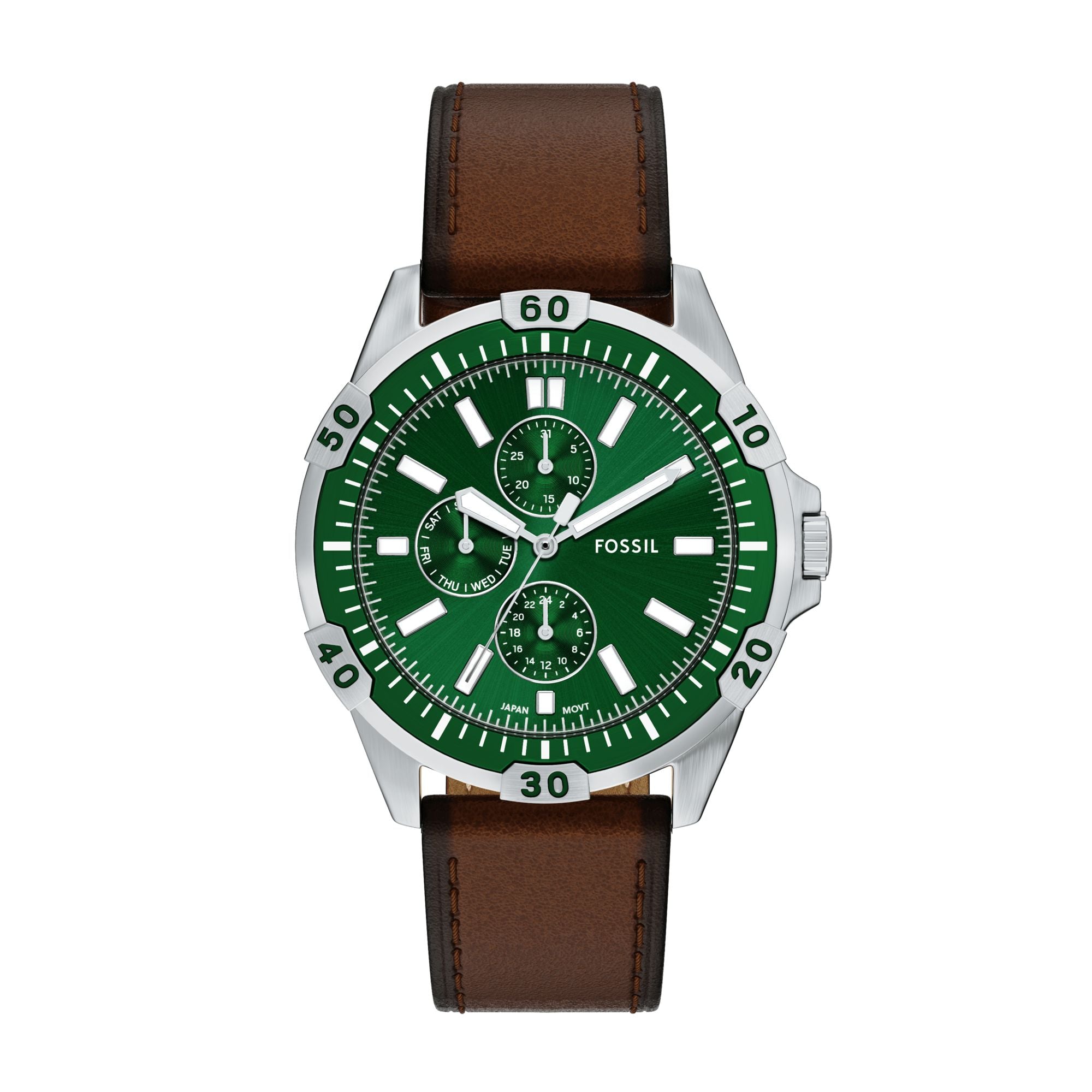 Fossil Garrett FS6147 green sunray dial on a brown leather strap
