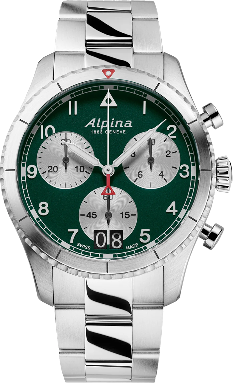 Stainless steel wristwatch with a green dial and three chronograph subdials.