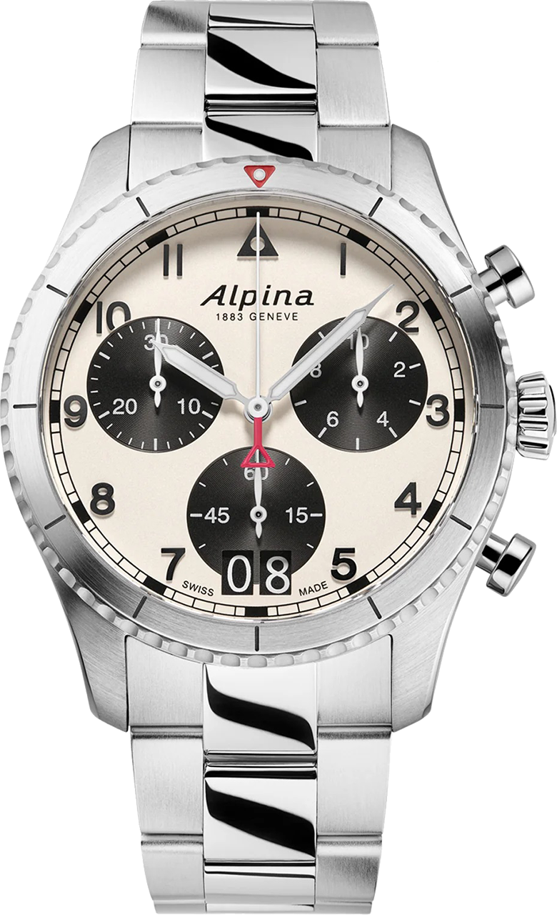 Stainless steel chronograph wristwatch with a white dial and three black subdials.