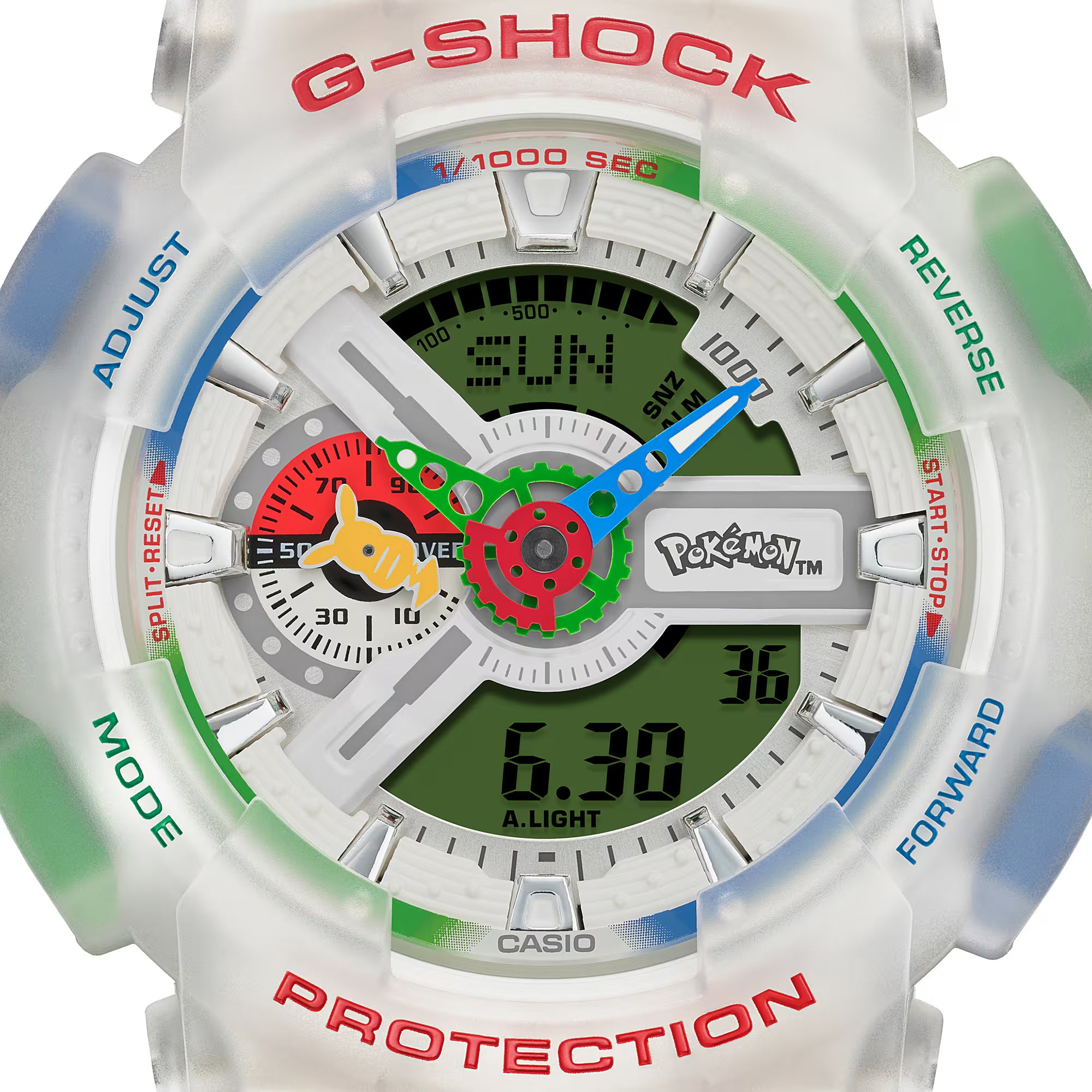 GA110PKM-7A red green and blue dial with Poké Ball inset dial at 9 o'clock