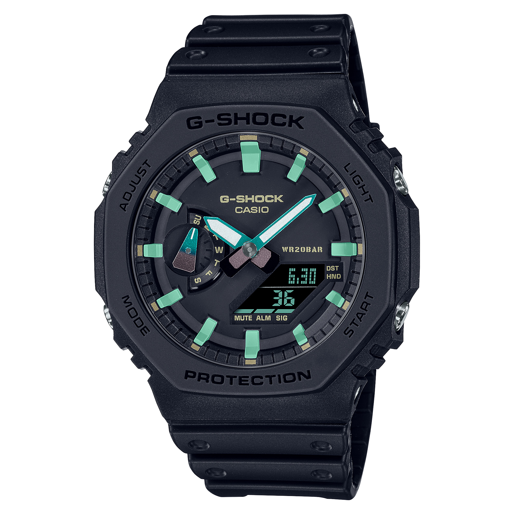 Black G-Shock watch with teal accents on the dial and digital display.