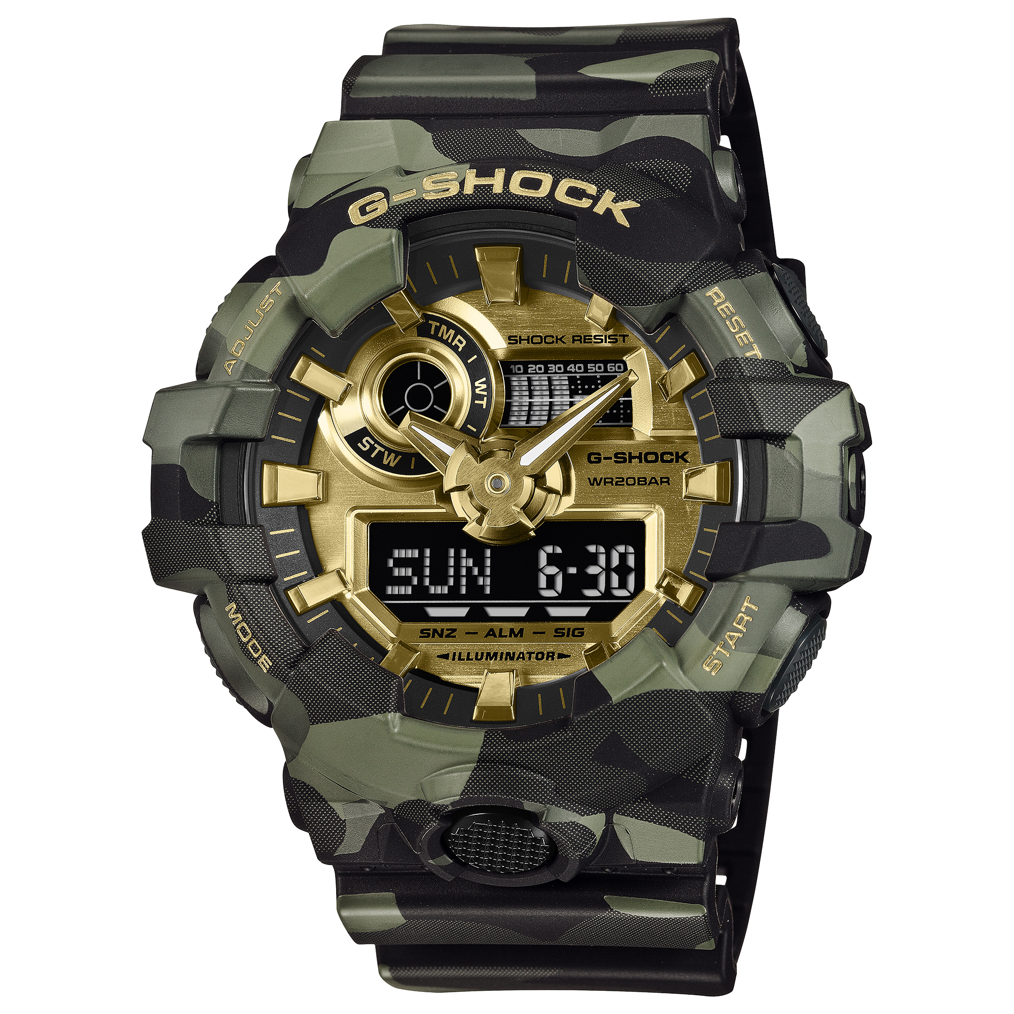 G-Shock GA700CMG-3A Bold Camo analogue digital watch with gold dial on a camouflage resin band.