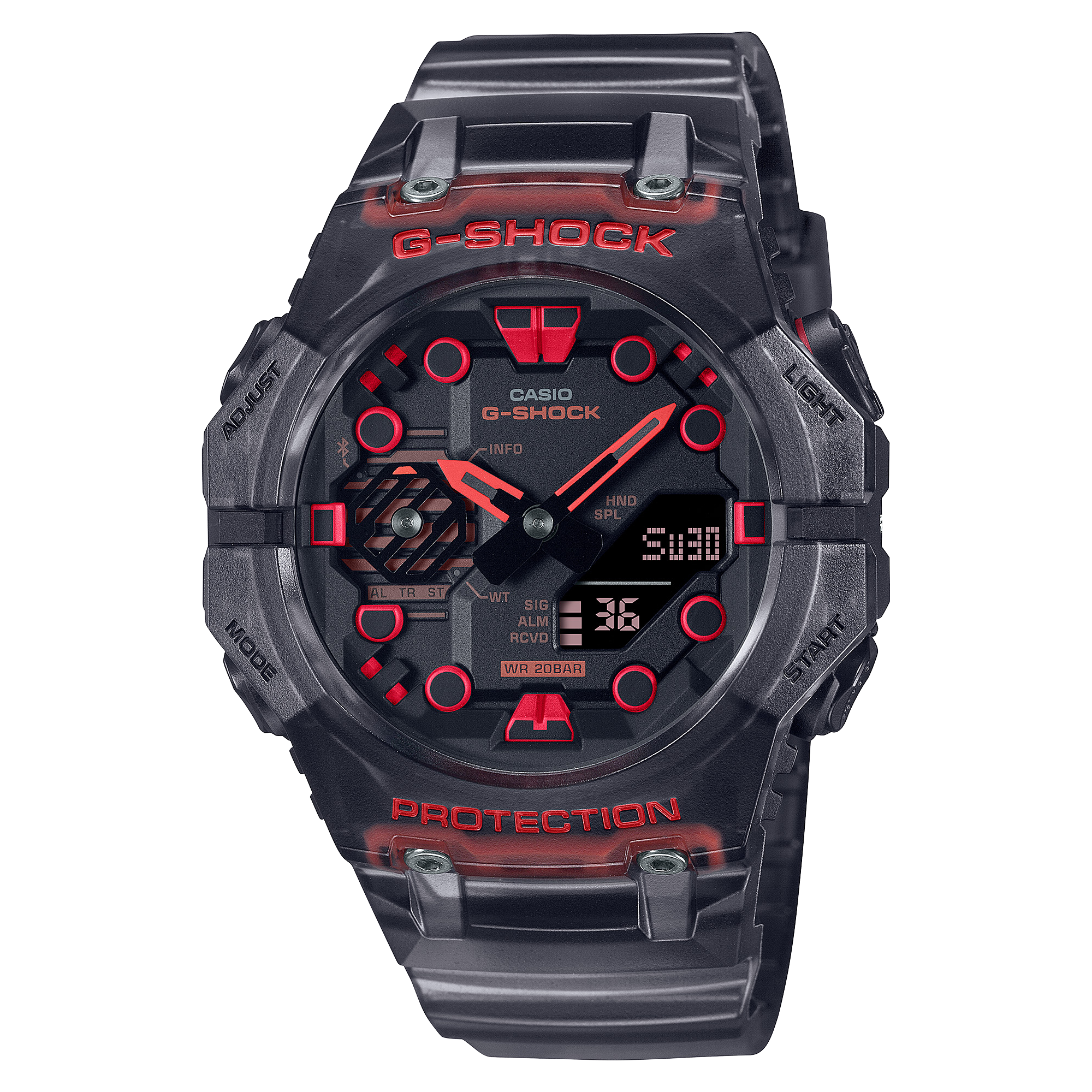 G-Shock wristwatch with a black and red color scheme.